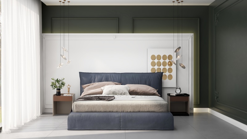 Modern Minimalist Bedroom with Deep Green Accents