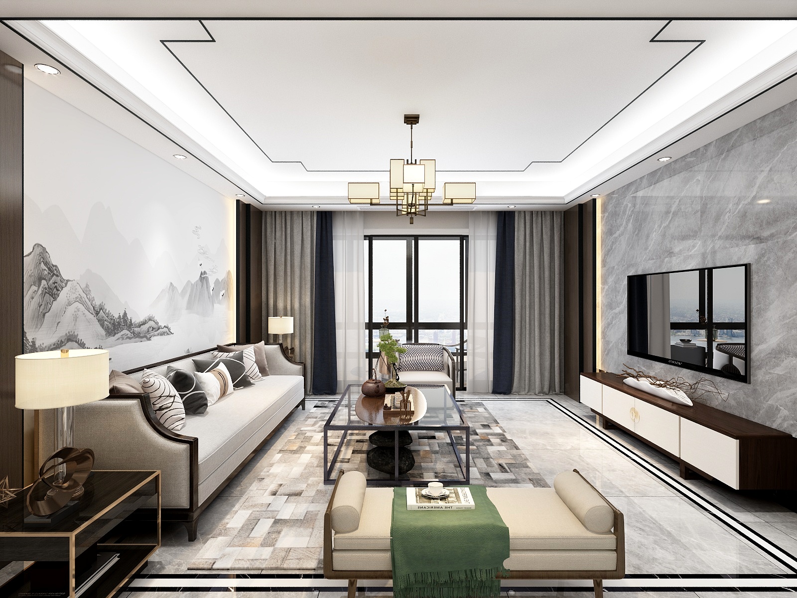 刘安明-56方新中式客餐厅装修效果图