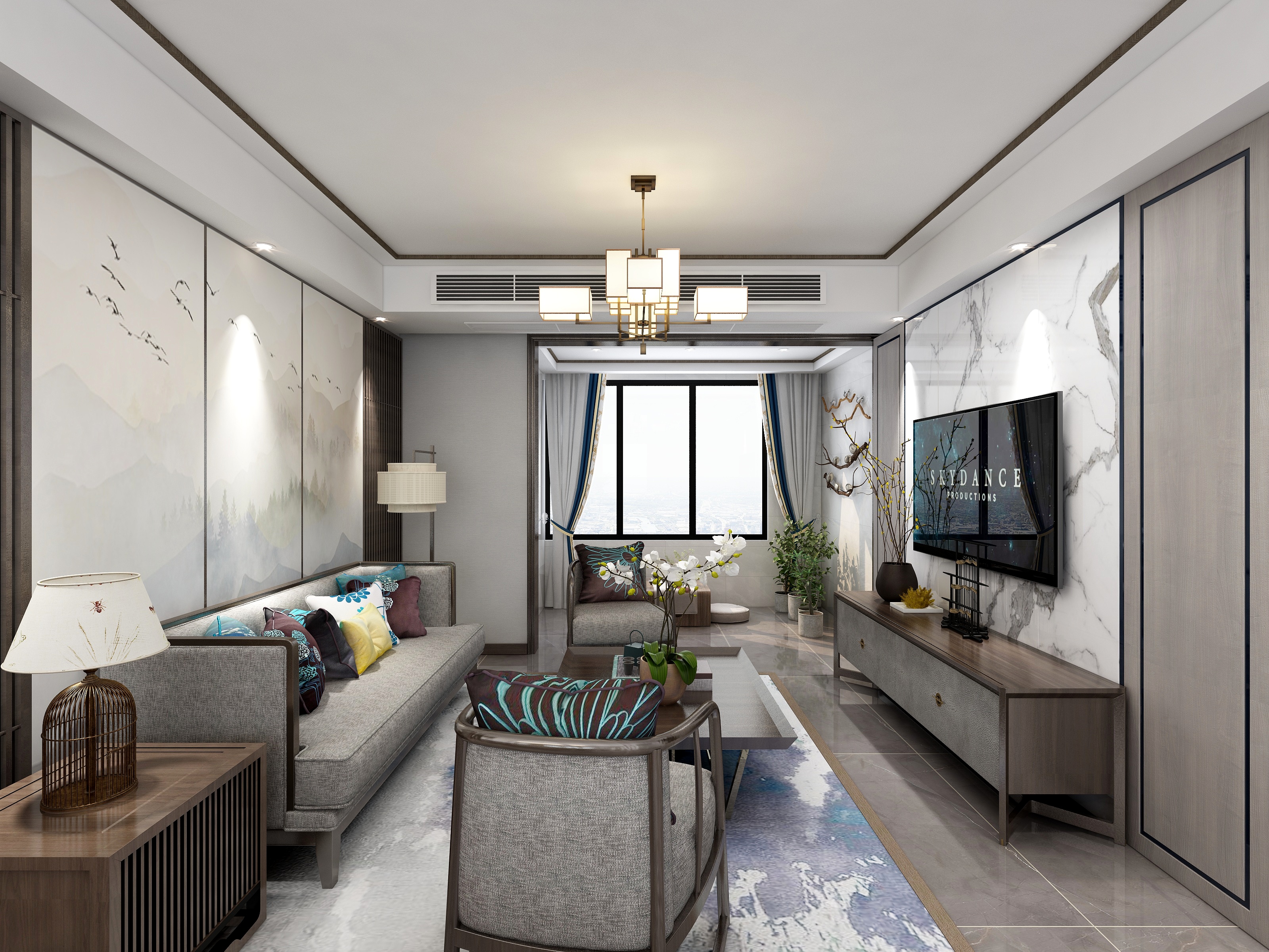 南京大群装饰-86方新中式三居装修效果图