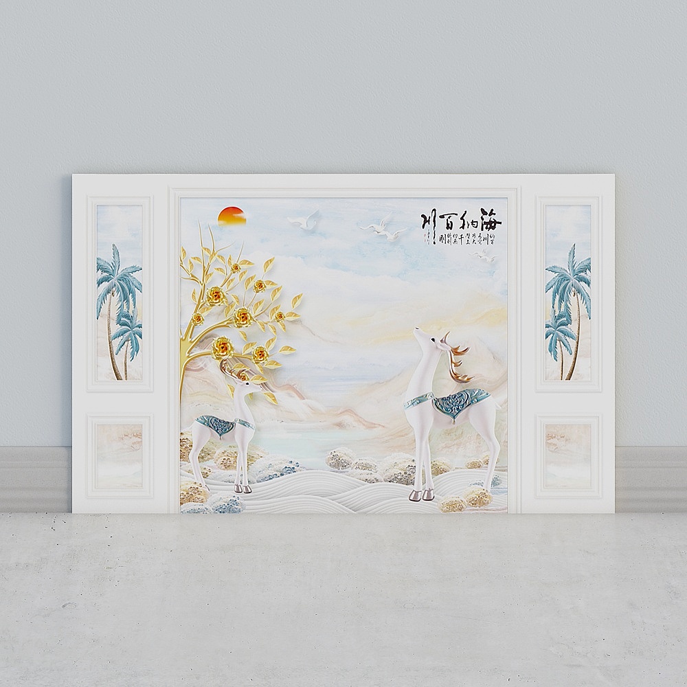 艾尔兰壁画墙布客厅卧室床头电视背景墙欧式现代北欧仿硬包石材护墙板石膏线条墙画麋鹿鹿头树木简约时尚轻奢