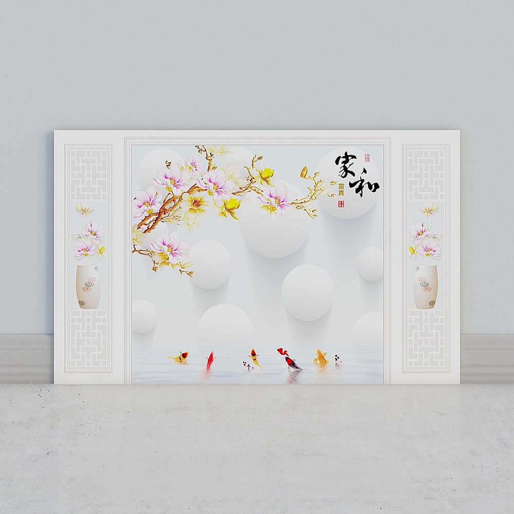艾尔兰壁画墙布客厅卧室床头电视背景墙欧式现代北欧仿硬包石材护墙板石膏线条墙画造型拼接花朵花枝简约时尚3D模型