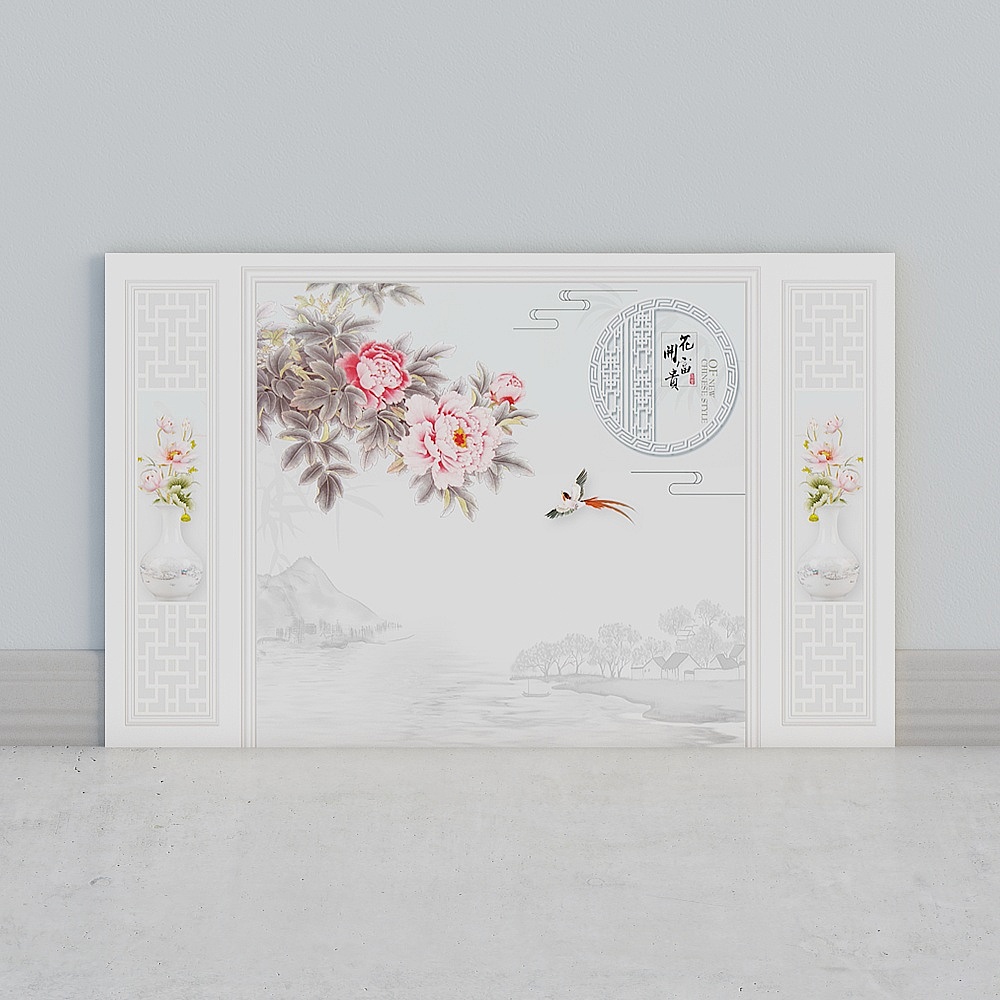 艾尔兰壁画墙布客厅卧室床头书房电视背景墙后现代框架北欧仿硬包石材石膏线条墙画花鸟花枝花朵线条造型拼接