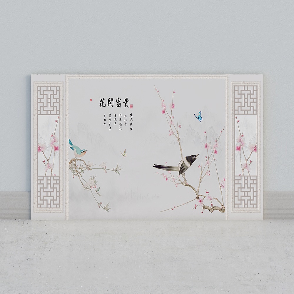 艾尔兰壁画墙布客厅卧室床头书房电视背景墙后现代框架北欧仿硬包石材石膏线条墙画花鸟花枝花朵线条造型拼接