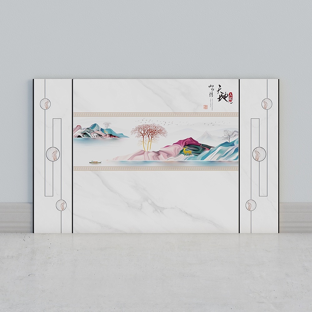 艾尔兰壁画墙布客厅卧室床头电视背景墙现代框架北欧仿硬包石材护墙板石膏线条墙画简约线条大理石纹水墨造型