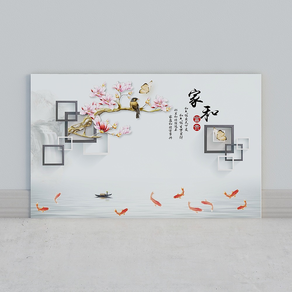 艾尔兰壁画墙布无缝壁布墙画背景墙现代书房北欧花鸟唯美清新花朵枝叶花卉客厅卧室床头电视背景轻奢温馨优雅3D模型