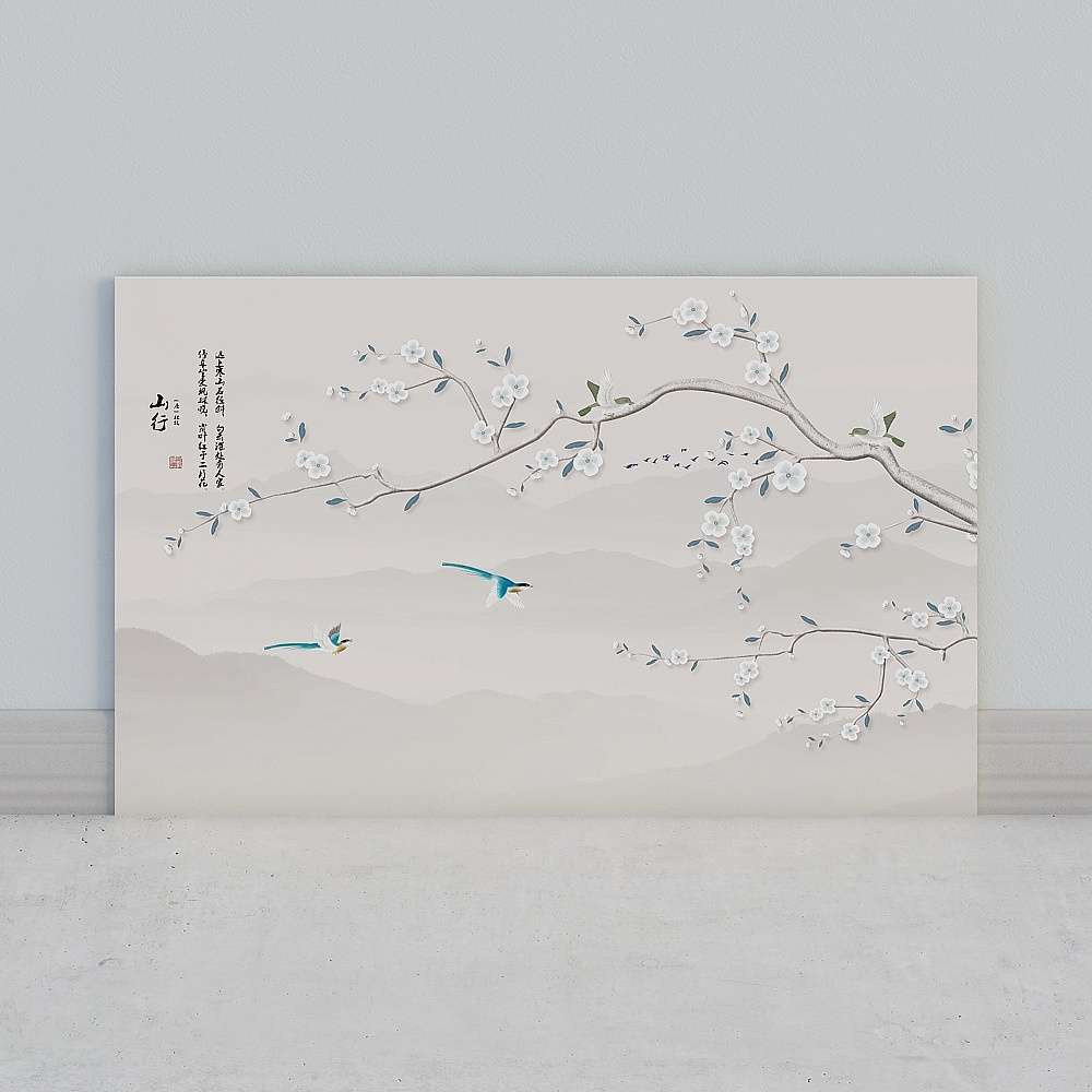 艾尔兰壁画墙布无缝壁布墙画背景墙现代书房北欧花鸟唯美清新花朵枝叶花卉客厅卧室床头电视背景轻奢温馨优雅3D模型