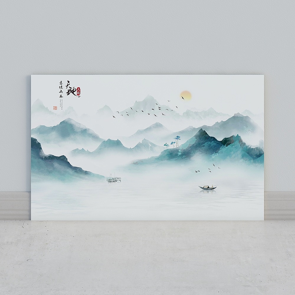 艾尔兰壁画墙布无缝壁布墙画简约大气后现代新中式客厅卧室意境书房沙发床头办公室电视背景墙水墨山水画轮廓3D模型