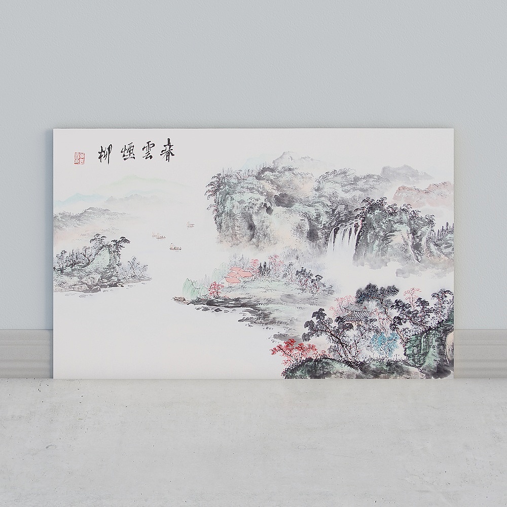 艾尔兰壁画墙布无缝壁布墙画背景墙后现代新中式客厅卧室房间书房沙发床头办公室电视背景墙水墨山水书法国画3D模型