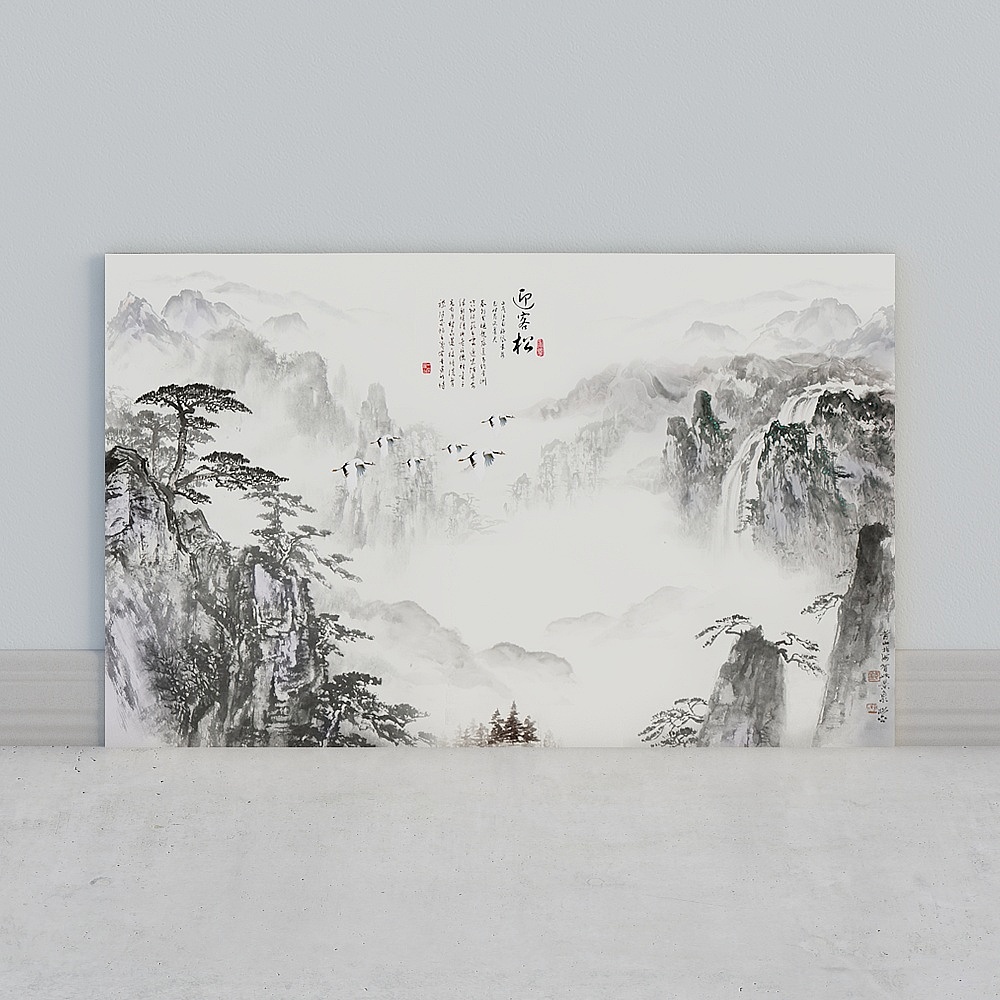 艾尔兰壁画墙布无缝壁布墙画背景墙后现代新中式客厅卧室房间书房沙发床头办公室电视背景墙水墨山水书法国画3D模型