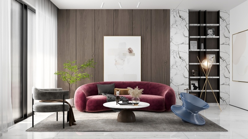 Modern Artful Living Room with Red Focus