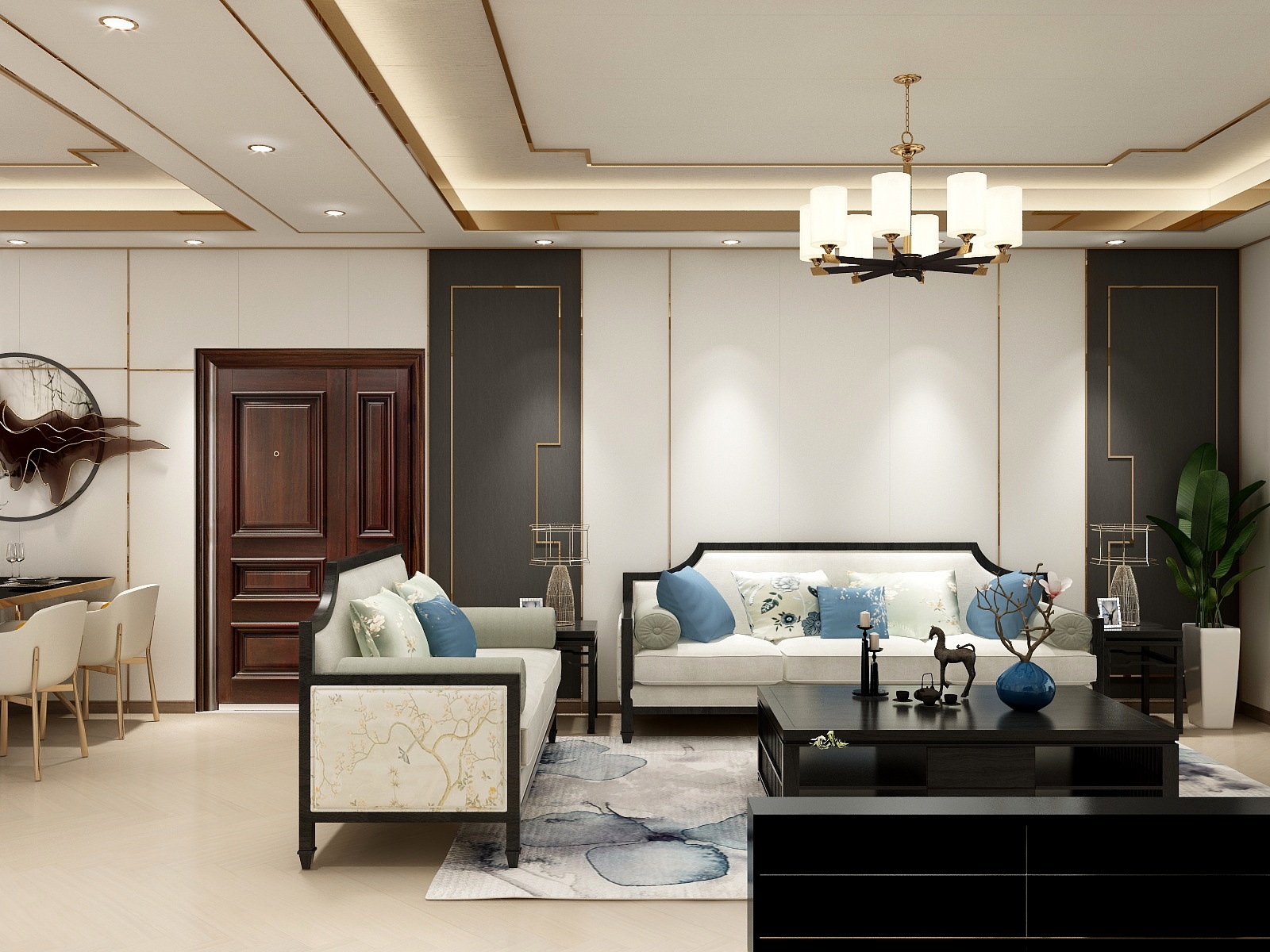 张家界锦绣明天|光学顶墙-新外滩2606-刘总雅居-新中式墙板-装修设计方案