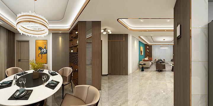 東山设计全景效果图-144平现代轻奢混搭-装修设计方案