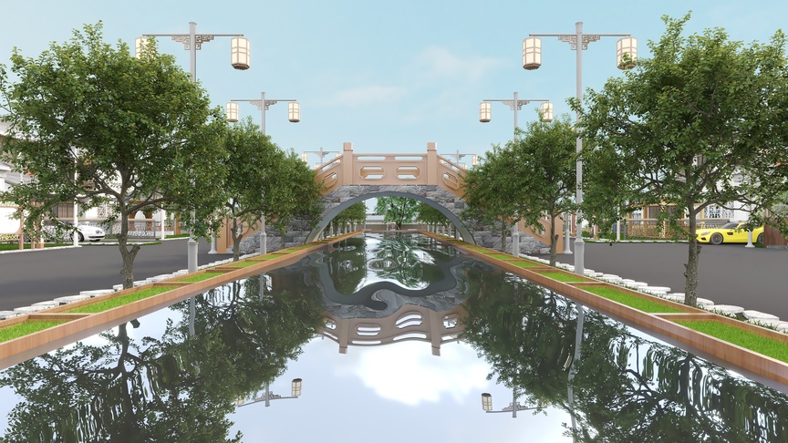 这是一个3D渲染的场景，场景中有一条河流穿过一个小镇。河流的两岸种植了树木，树木的倒影清晰地映在河面上。河流上有一座拱形石桥，桥的两侧有汉白玉栏杆。河的两岸有草坪与道路相连。场景中还布置了路灯，两种是中华灯和一种是玉兰灯。在道路的尽头可以看到一条商业街，街的左侧有一辆黄色的汽车。