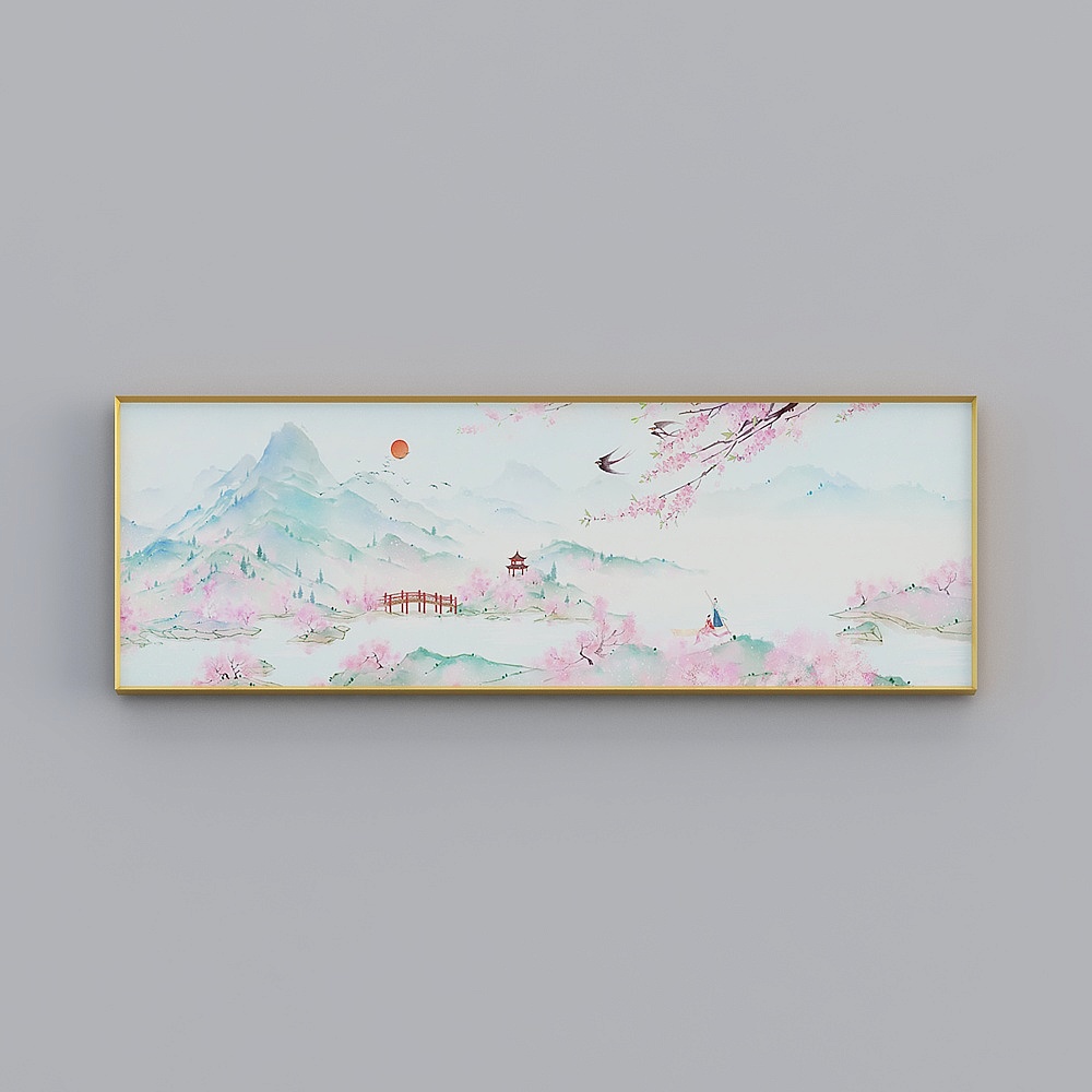 无轩旭日东升山水画挂画新中式客厅装饰画四季风景画卧室床头壁bqy104d-jc-13D模型
