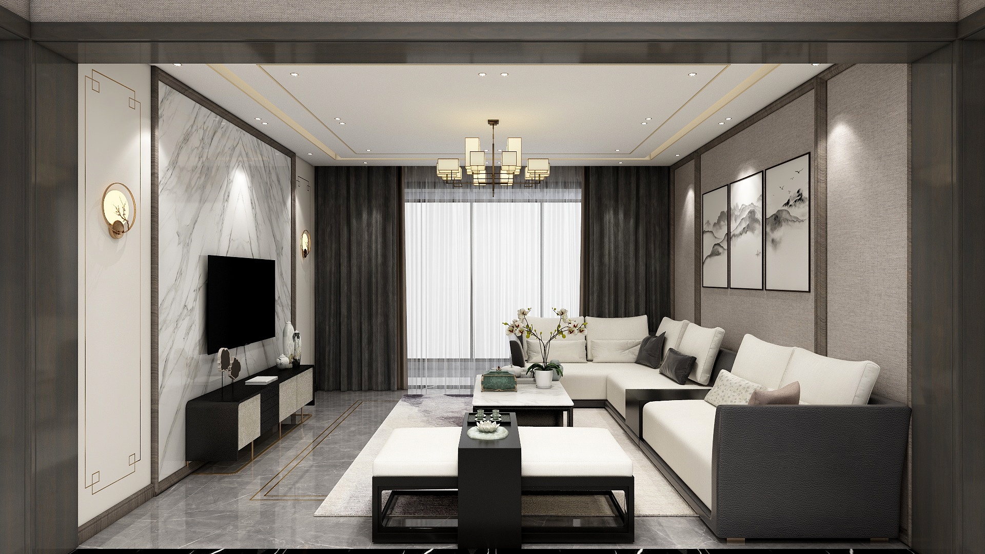 HH一-135方新中式三居装修效果图