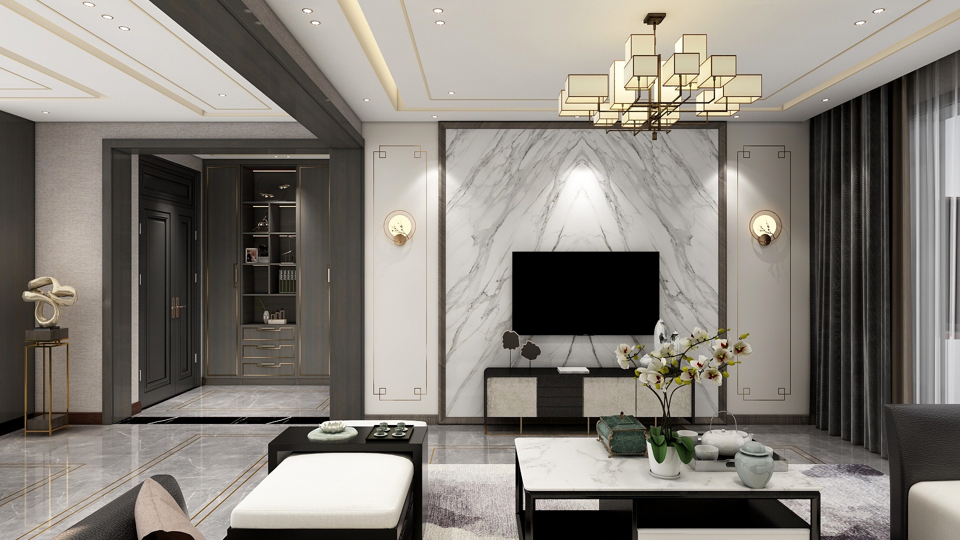 HH一-135方新中式三居装修效果图