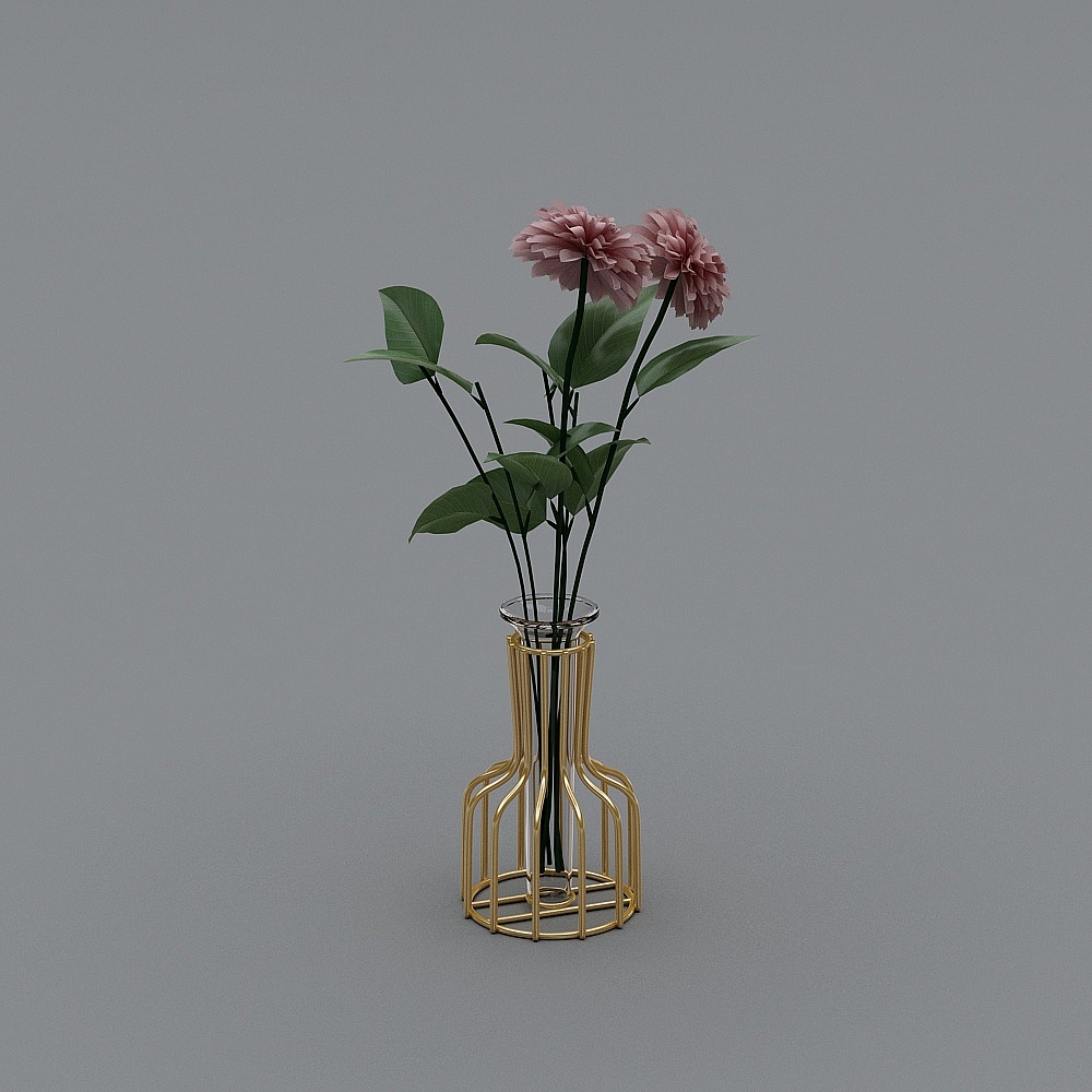 水培花器+桃色乒乓菊3D模型