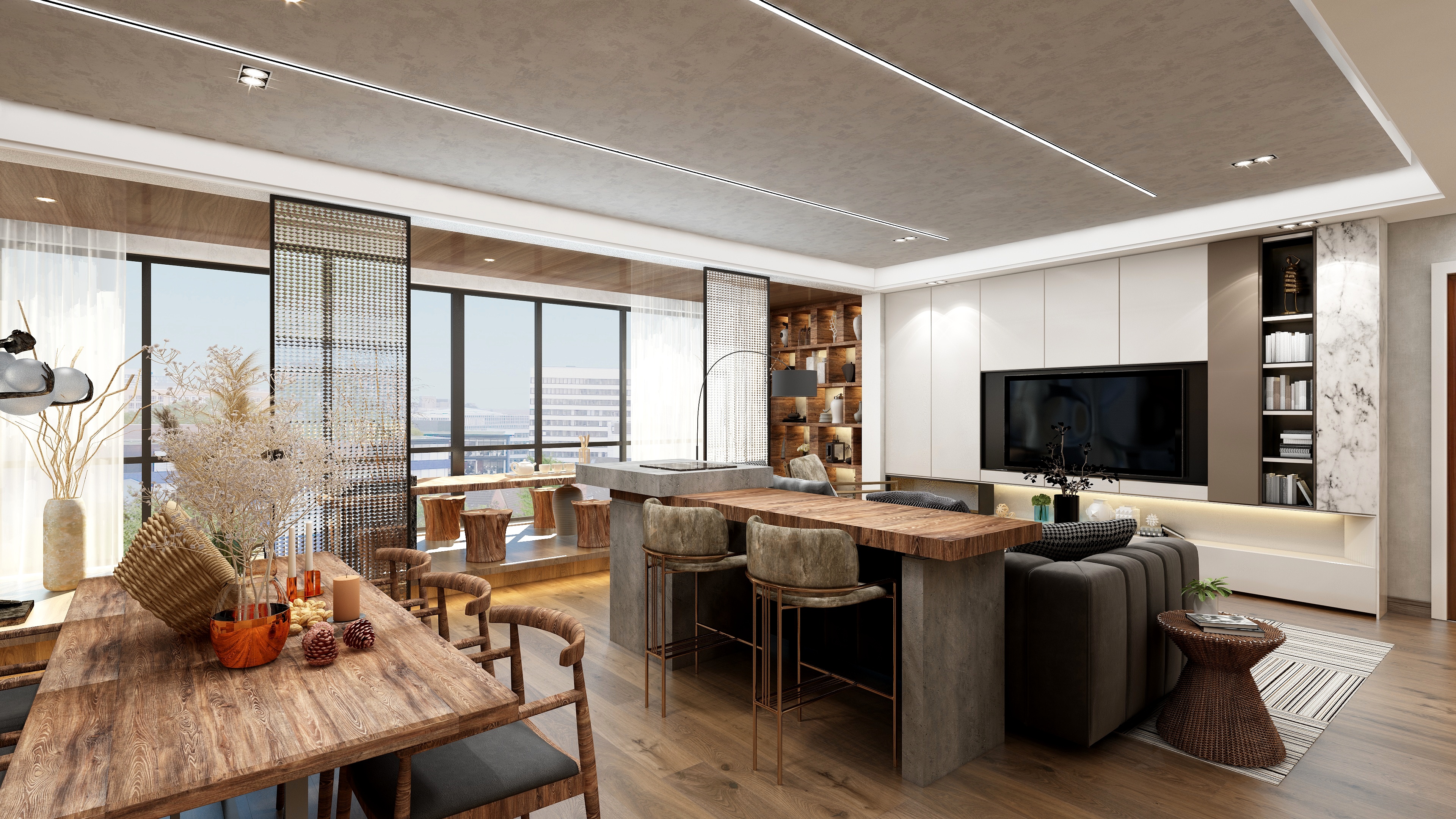 效果图小HeDS-侘寂风一层客餐厅装修效果图第5张