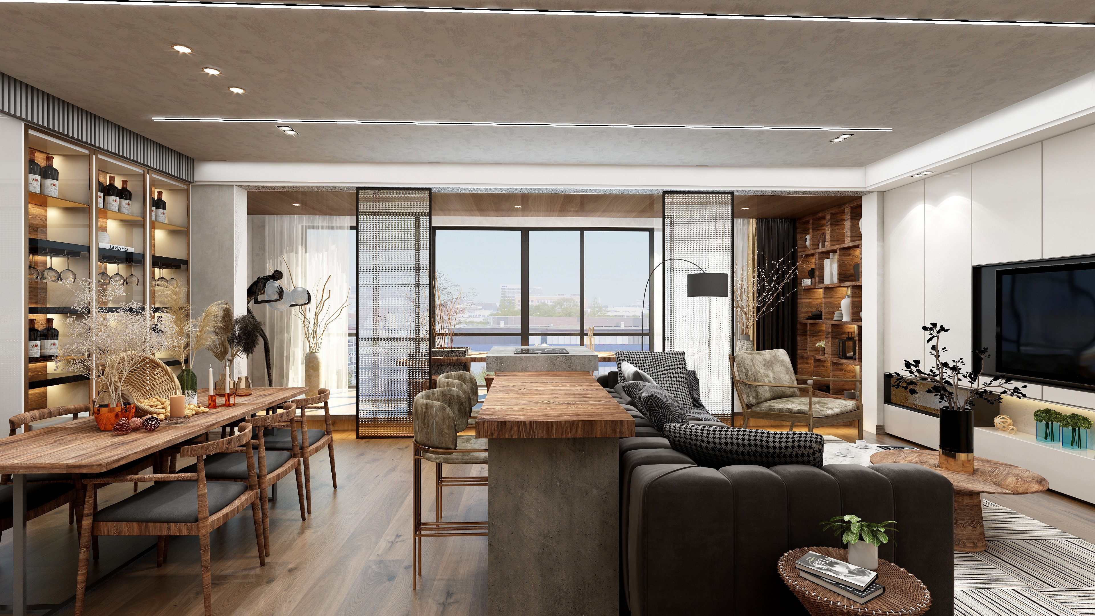 效果图小HeDS-侘寂风一层客餐厅装修效果图第3张