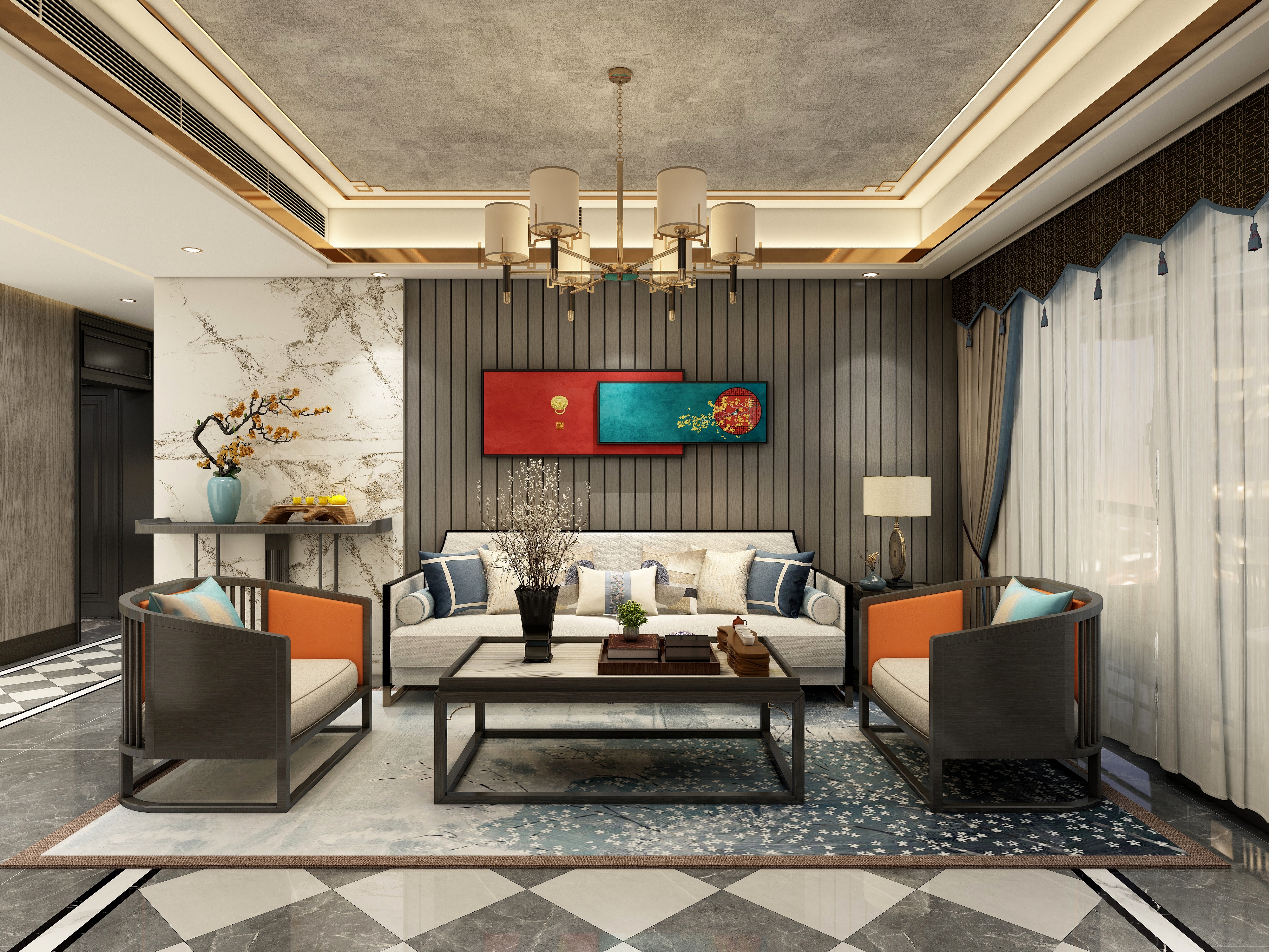 至简名设一钱春-150方轻奢新中式四居装修效果图