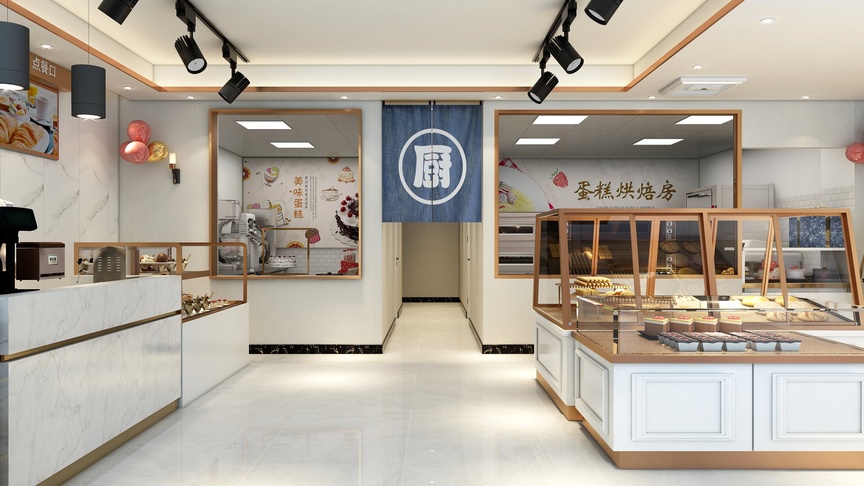 图中是一个甜品店的内部装修设计。整个场景以暖色为主，给人以温馨舒适的感觉。店铺的左侧是一个白色大理石的甜品台，上面摆放着各种精美的甜品，有蛋糕、泡芙、马卡龙等，还有各种小零食。台面上还摆放着一些黑色的餐具，看起来非常方便实用。右侧是一个玻璃展示柜，里面摆放着各种甜品，透过玻璃可以看到各种诱人的美食。天花板上挂着一些灯，还有黑色的管子装置，既美观又实用。整个场景非常干净整洁，布局合理，让人一看就很有食欲。