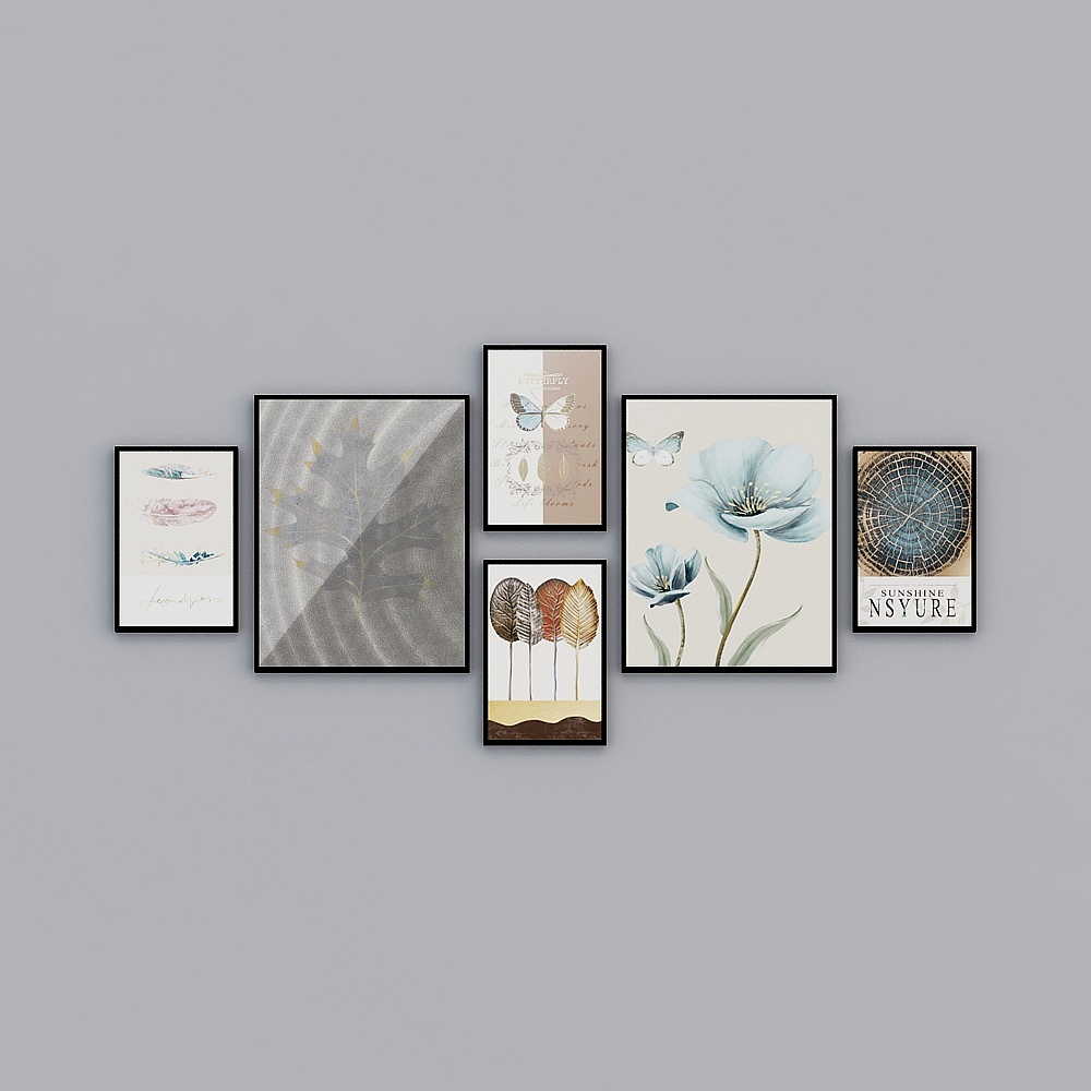 艾尔兰装饰画新中式北欧现代简约欧式画框客厅沙发背景墙餐厅卧室玄关轻奢挂画多联画个性艺术几何抽象植物动物3D模型