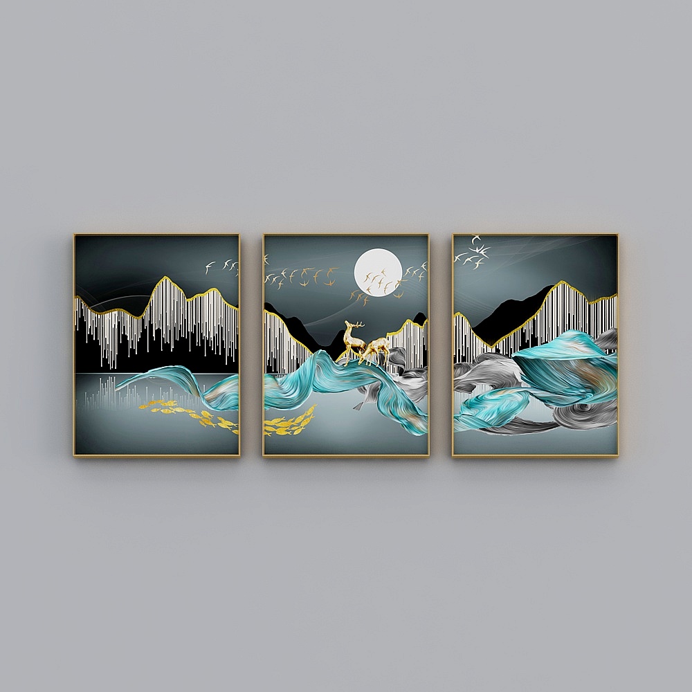 臣萱全屋配画-现代客厅装饰画-客厅三联-时来运转U3D模型
