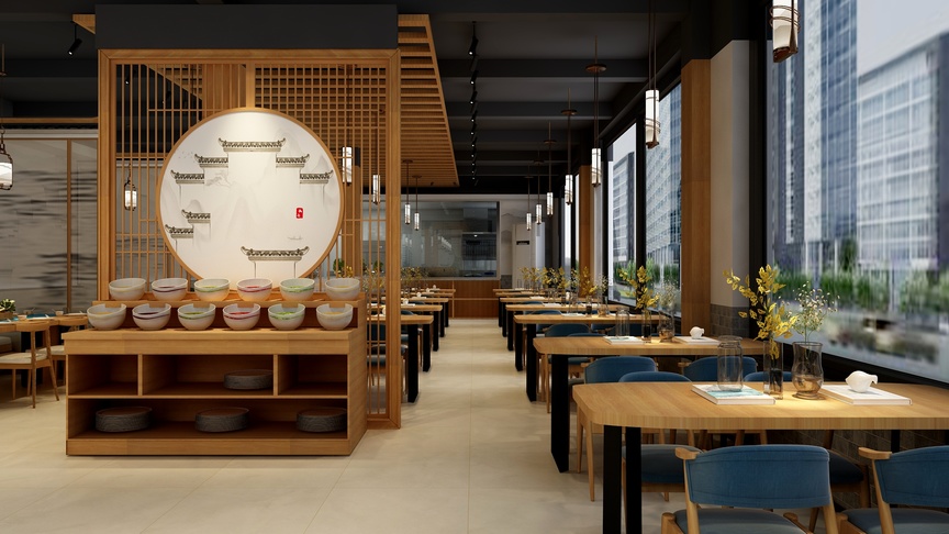这个餐厅位于一个大楼内，窗外有其他建筑。餐厅内有多个餐桌，每个餐桌旁边都坐着四把蓝色椅子。餐厅的前面有一个大屏风，上面挂着一个白色的圆形挂盘，上面有8个装有黄色、蓝色、红色、绿色小碗的木架子。在屏风旁边有一个木制的吧台，吧台里面有许多碗和肉盘。天花板上挂着两个灯，餐厅右侧有两盏，左侧有一盏。餐厅的地面是白色的，整个空间宽敞明亮。