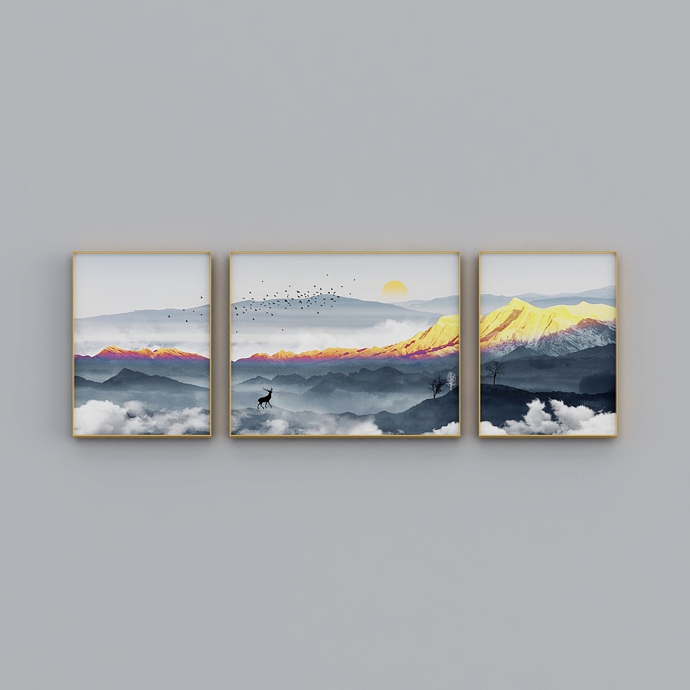 臣萱全屋配画-现代客厅装饰画-三联-碧海云天K3D模型