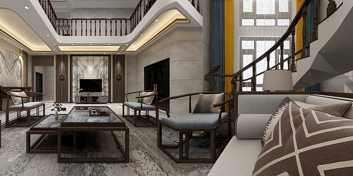 溢家空间设计-新蓝新中式别墅-装修设计方案