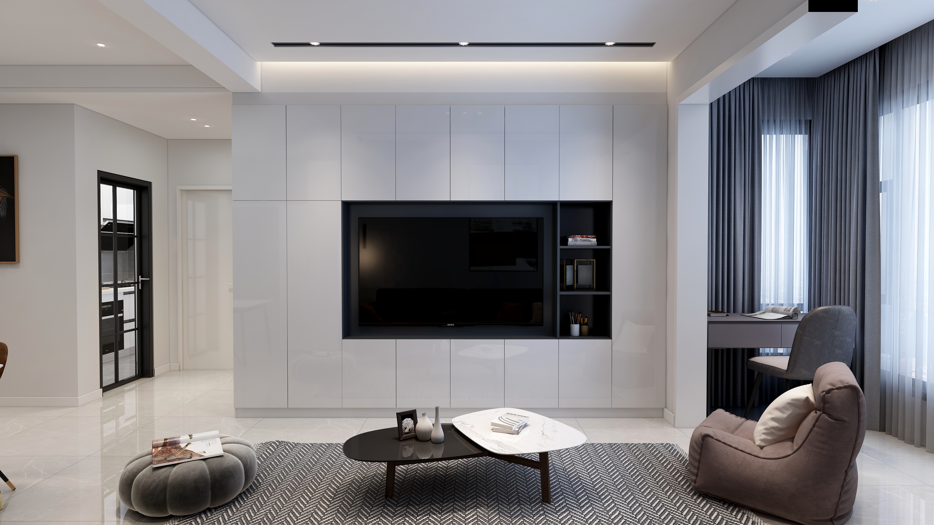 羽非设计-黑白灰简约系列一居室装修效果图