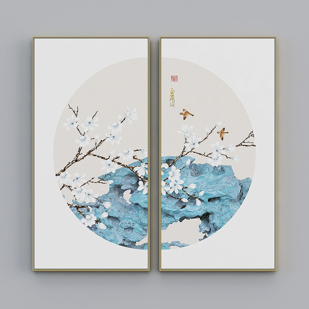 臣萱全屋配画-现代玄关装饰画-玄关两联-玉兰腊梅A