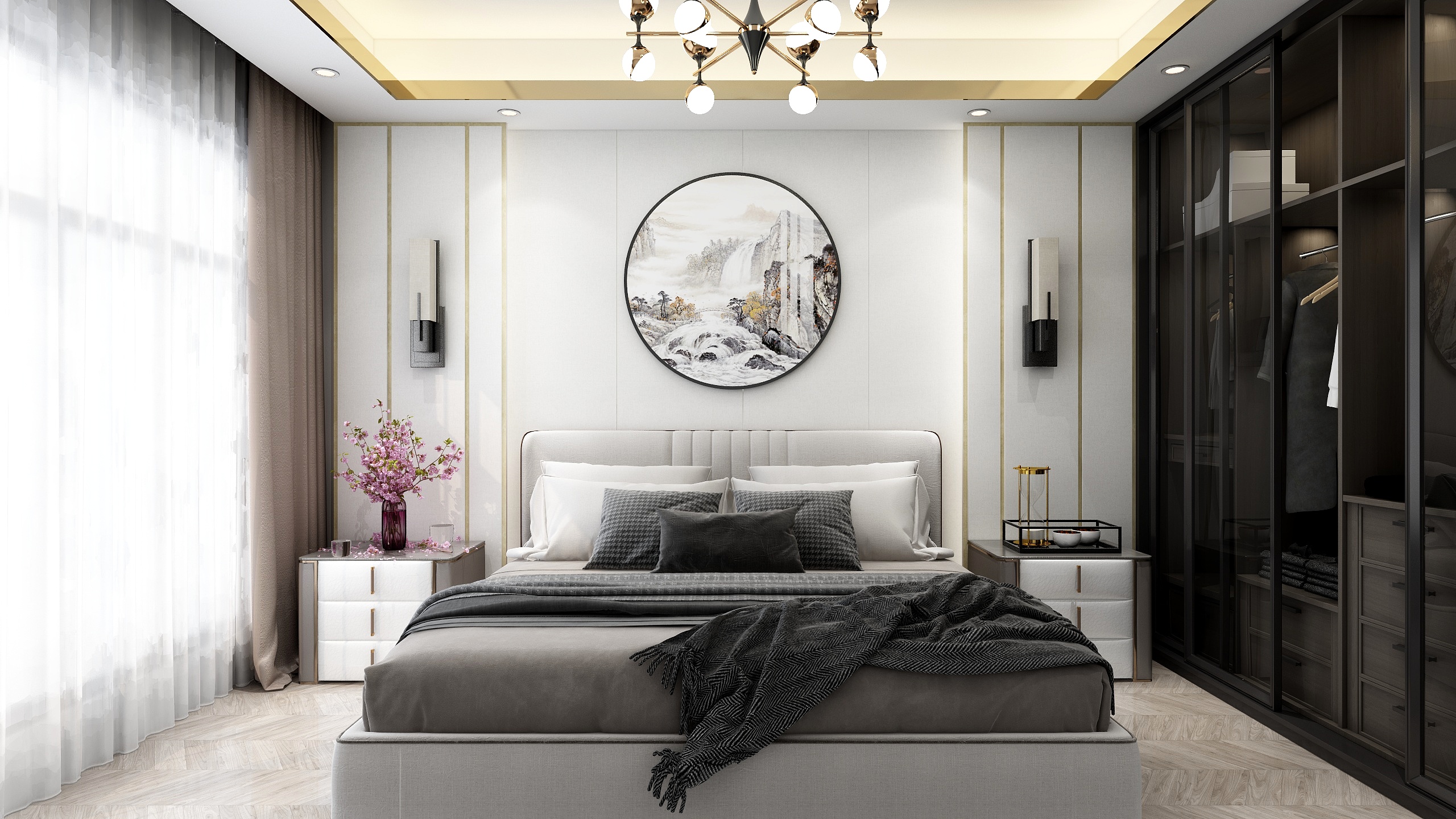 设计师李青阳-新中式轻奢样板卧室案例-装修设计方案