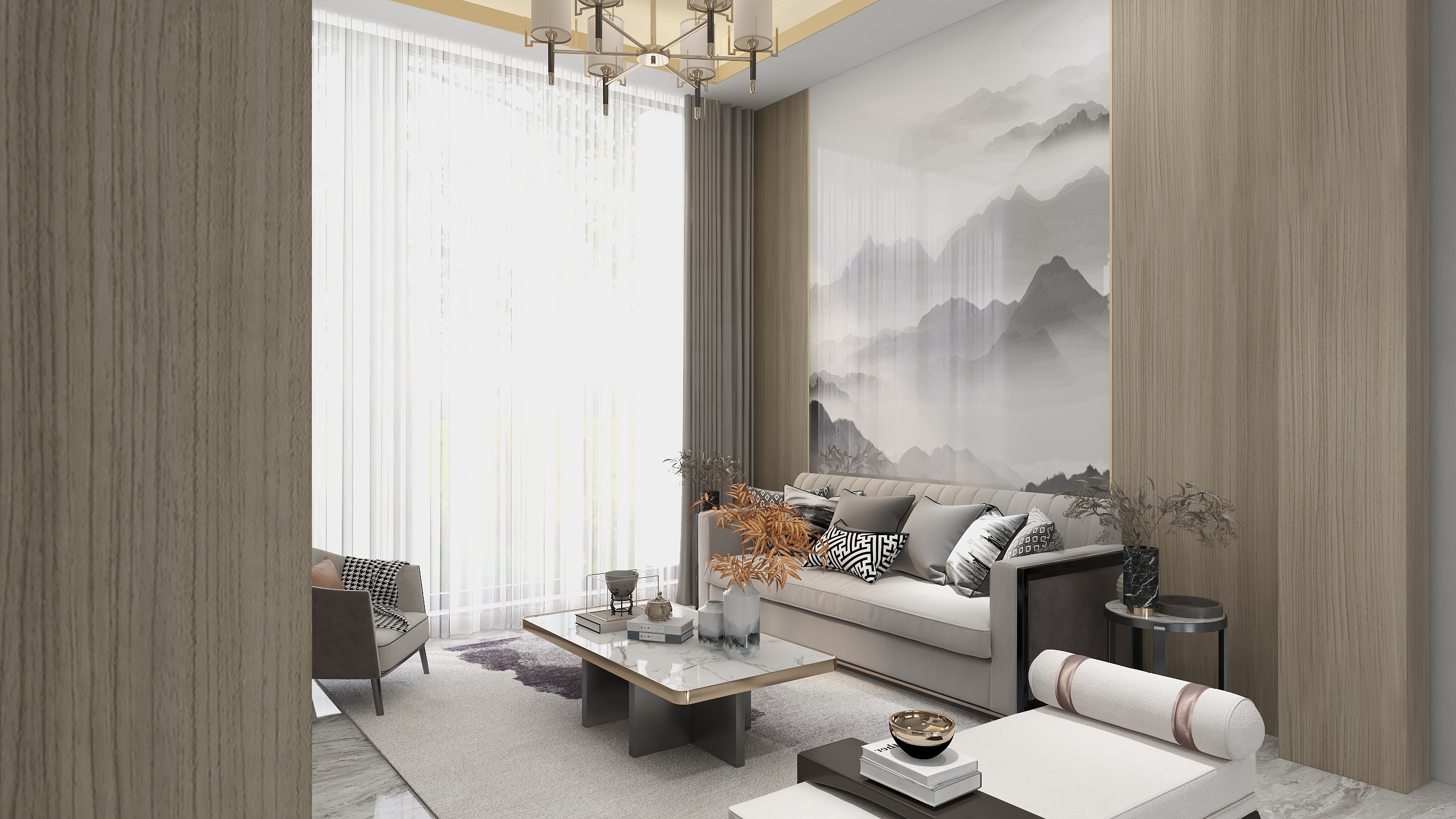 梁言LY-新中式一楼客餐厅-装修设计方案