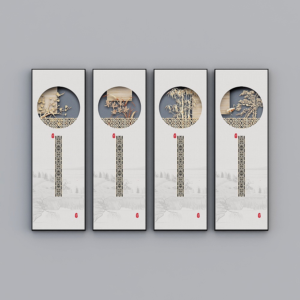 臣萱全屋配画-中式玄关客厅装饰画-单幅-四君子C3D模型