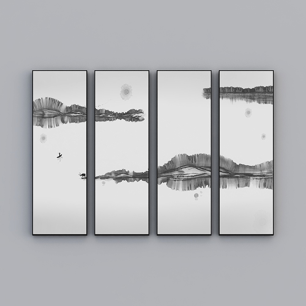 臣萱全屋配画-中式客厅装饰画-四幅-水墨禅意3D模型
