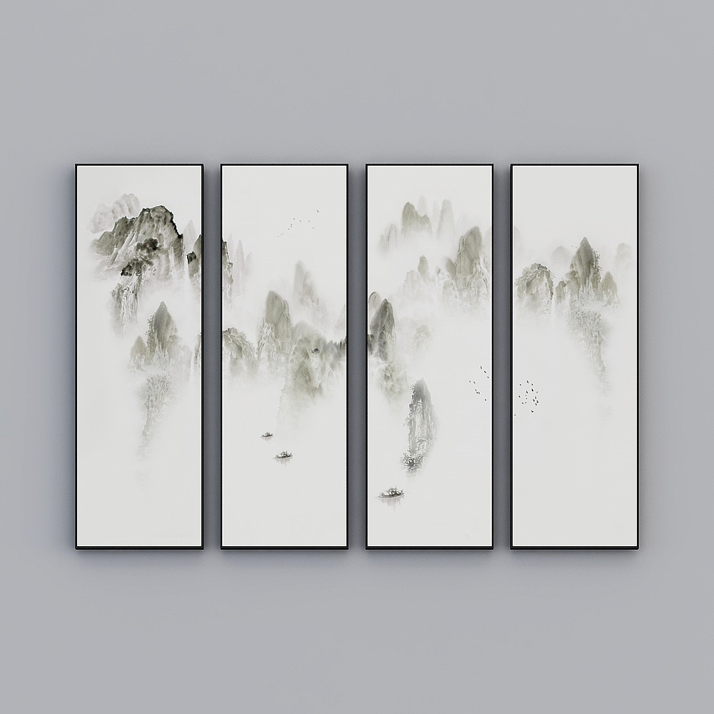 臣萱全屋配画-中式客厅装饰画-四幅-崇山峻岭3D模型