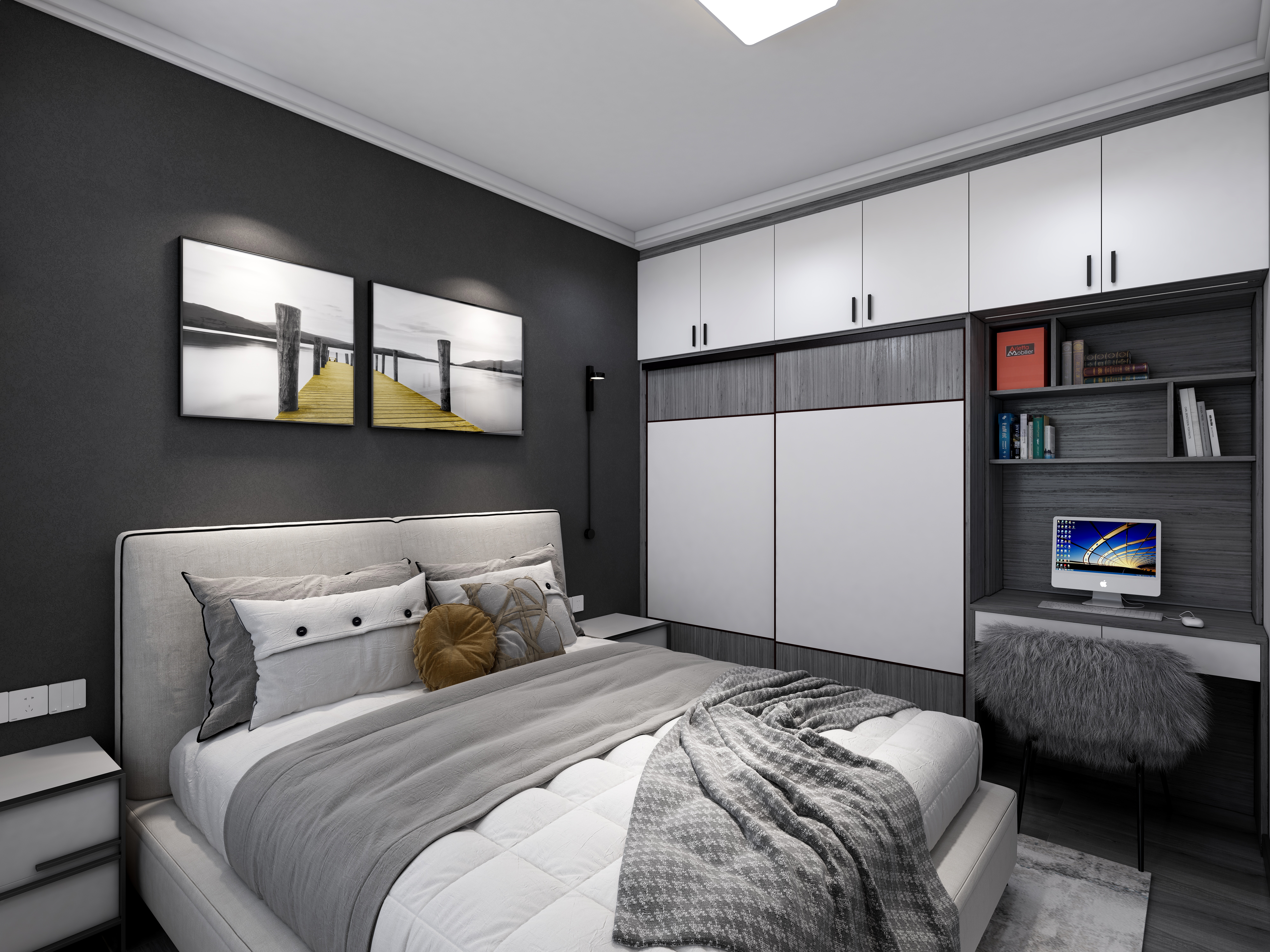 整装设计阿龙-现代（黑白灰）一层次卧装修效果图第2张