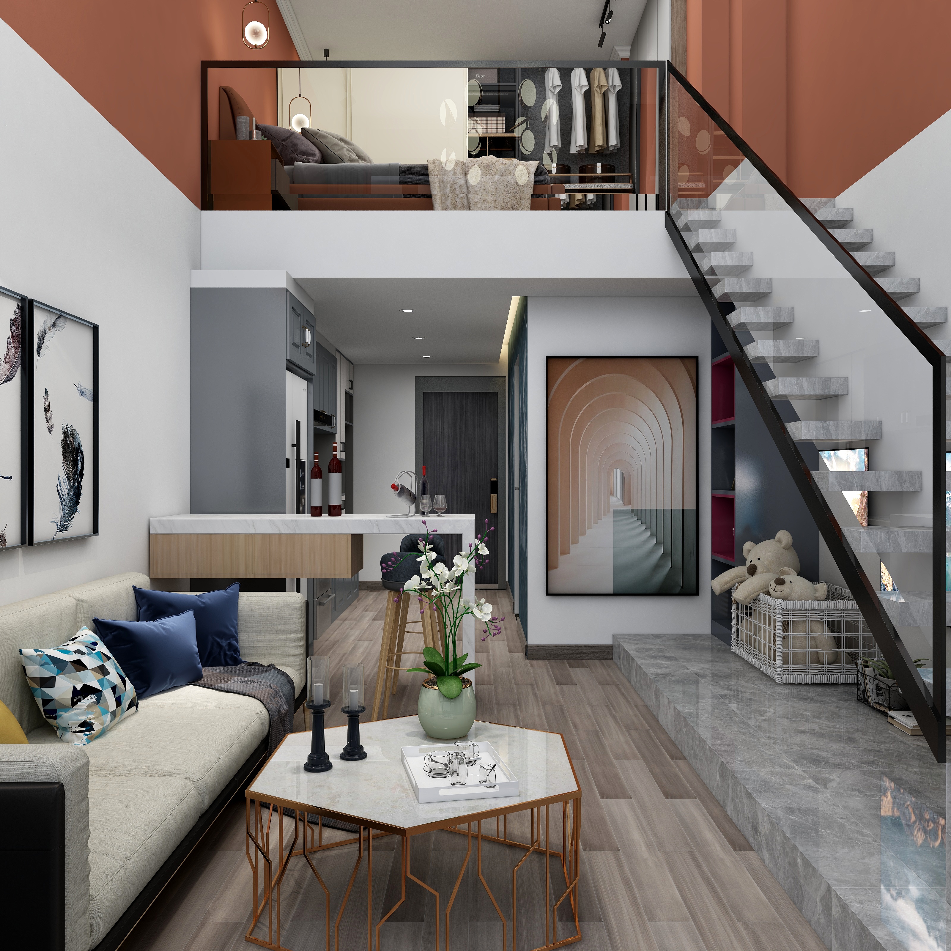 星空间丨袁思路-38平loft—红白之恋-装修设计方案