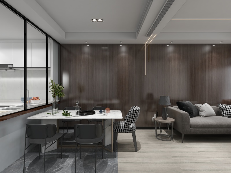 Contemporary Gray Dining Room with Black Accents