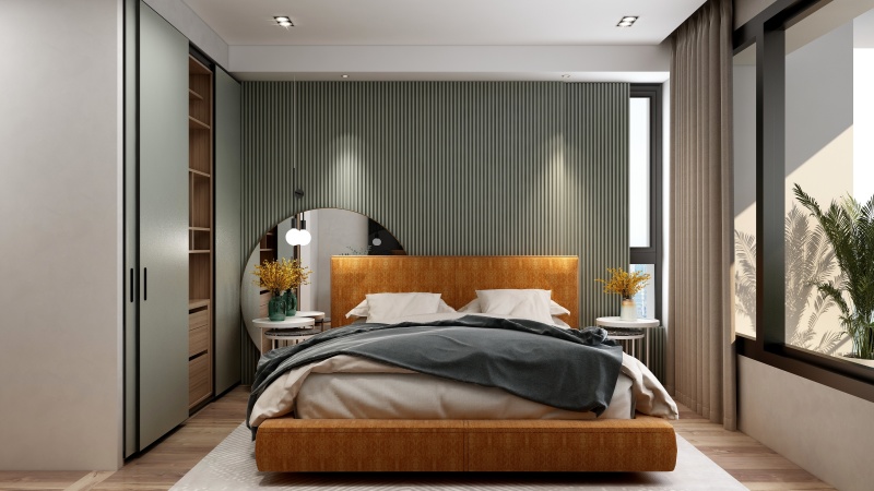 Modern Minimalist Bedroom with Gray and Green Tones