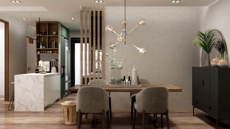 Modern Minimalist Dining Room with Wood Tones