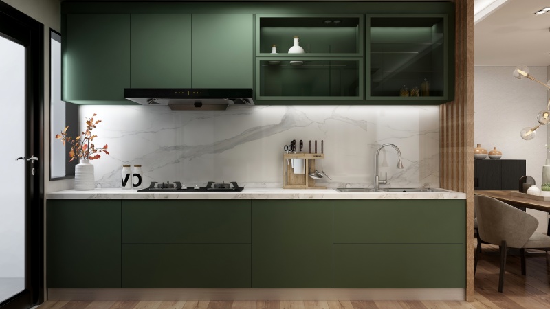 Modern Minimalist Kitchen with Deep Green Cabinets