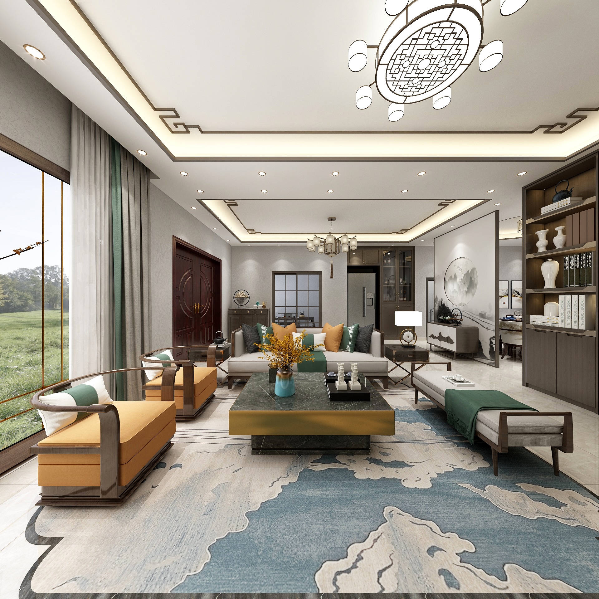 室内设计al-新中式客餐厅装修效果图