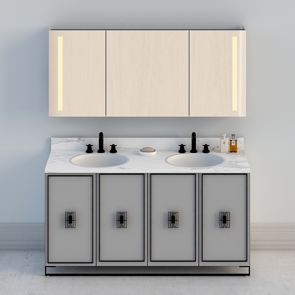 新中式浴室柜洗手台-13D模型
