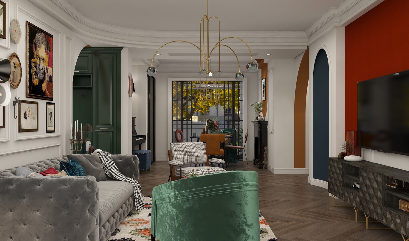 这是一间明亮的客厅，整体风格为绿色和橙色，给人一种温暖和活力的感觉。墙面是白色和橙色的混合，使得整个空间更加有层次感。地板是深棕色的木质材料，搭配上彩色的地毯，增添了一些趣味性。客厅的中央放着一套灰色的沙发，旁边是一张绿色的单人沙发，沙发上还放着一个黄色的抱枕。沙发的前面是一张小茶几。沙发墙上挂着一些画作，增添了一些艺术气息。客厅的一角放着一个黑色的电视柜，上面摆放着一台大电视，方便家人看电视。天花板上挂着一个金色的吊灯，灯光照亮整个客厅，使得空间更加宽敞明亮。