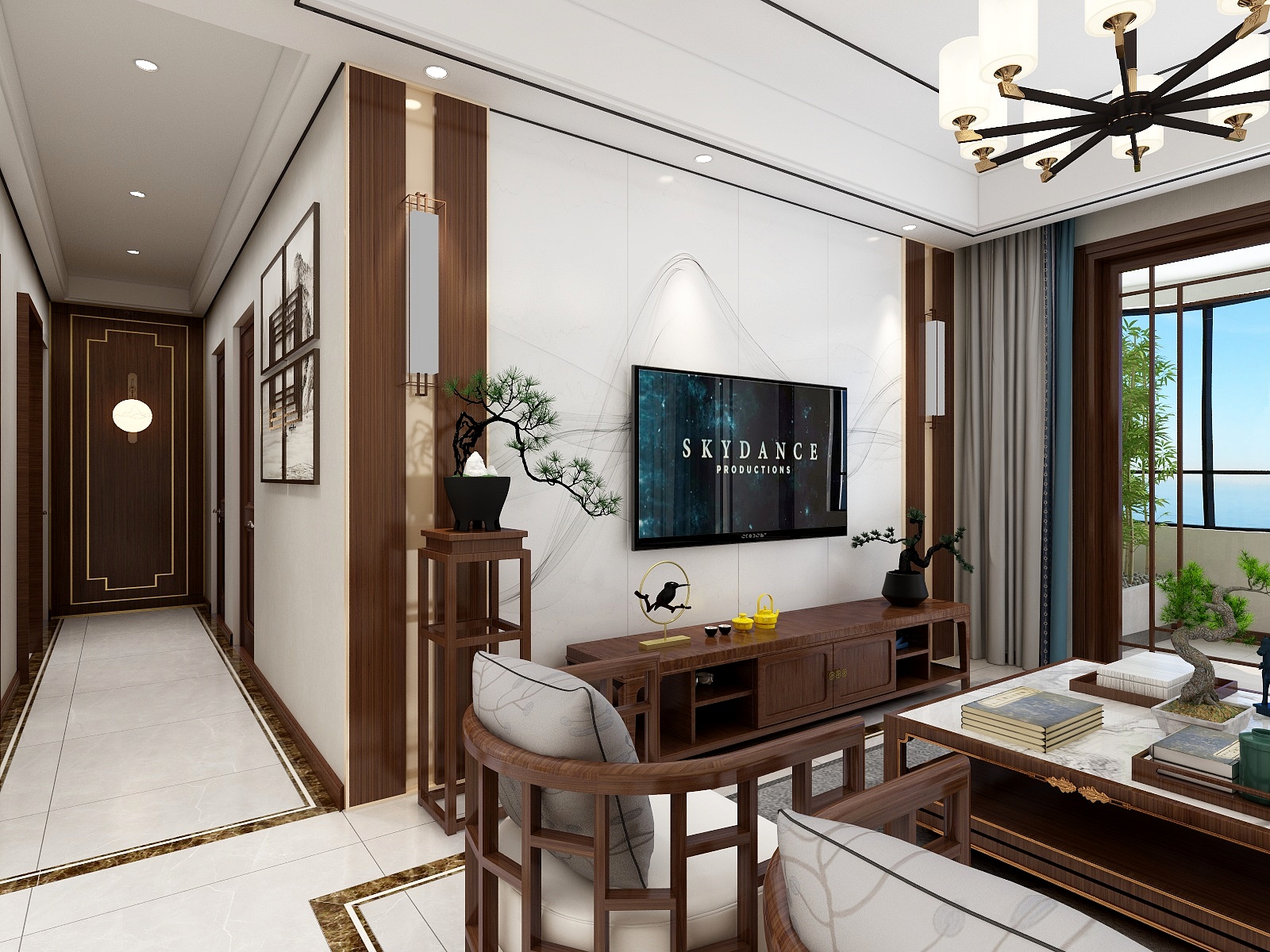 全景图888-新中式家装檀木家具装修效果图