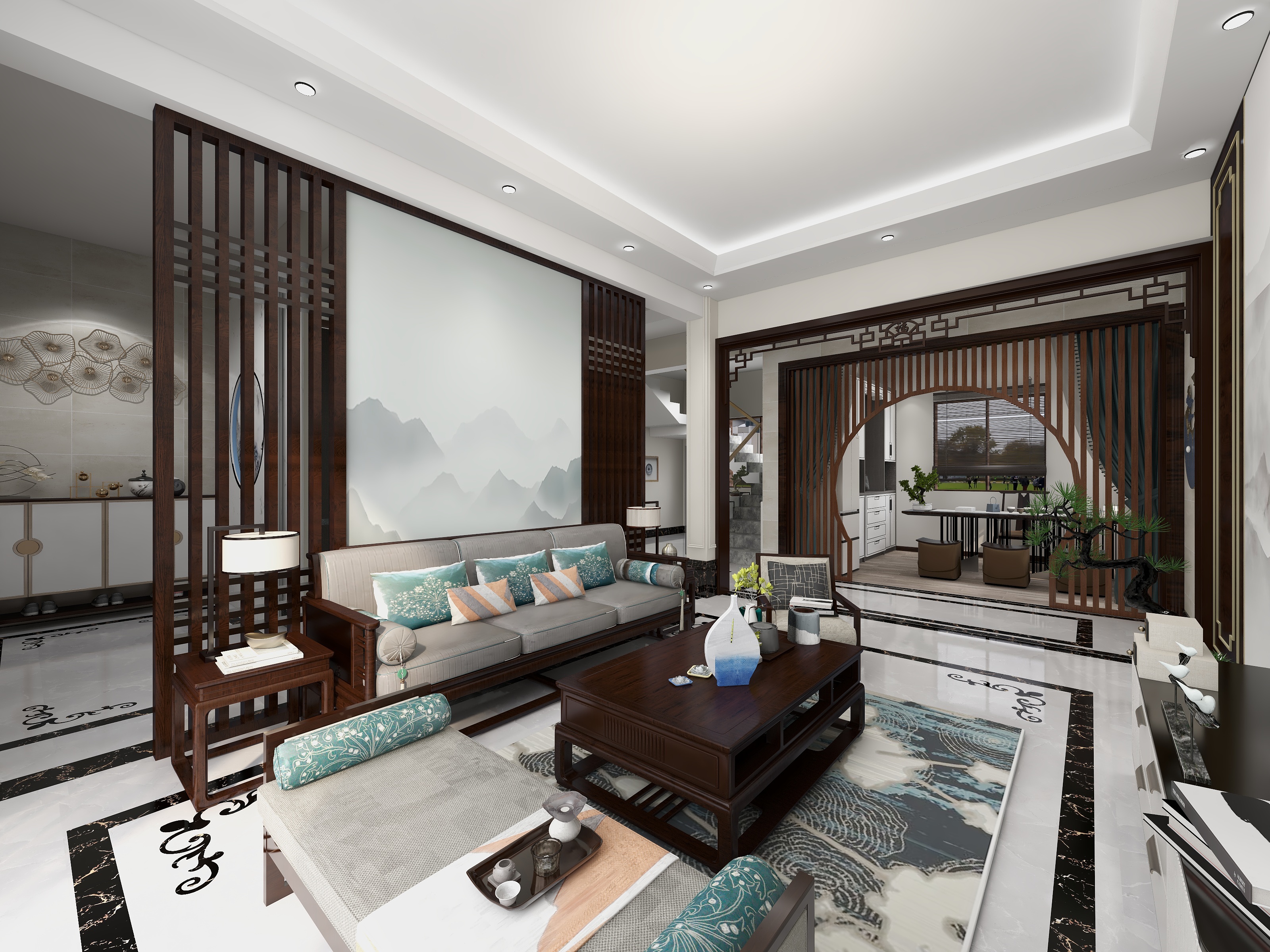 Vicky626-一层新中式装修效果图