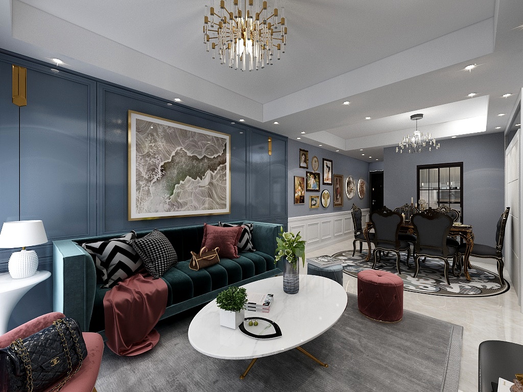 苏比阿瘦-优雅灰蓝简欧风平层-装修设计方案