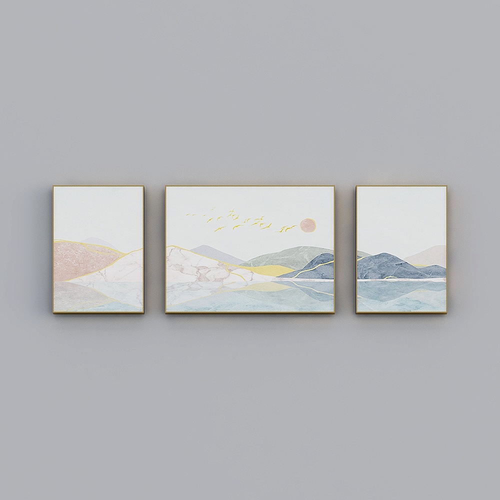 海龙红-北欧风-客厅餐厅卧室装饰画-青山清梦(三联)3D模型